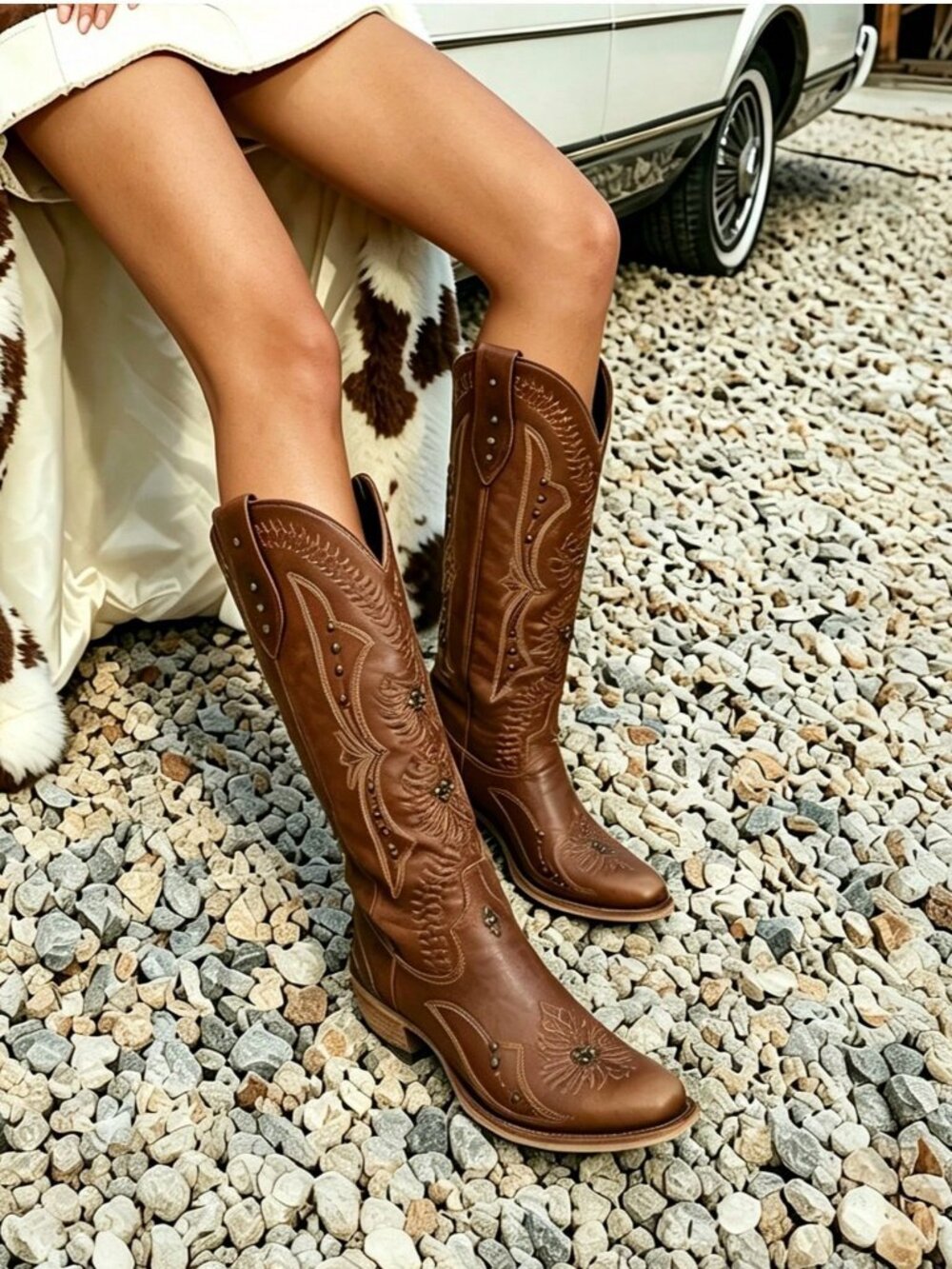 Brown Western Embroidered Chunky Heel Pointed Toe Slip On Women's Classic Boots